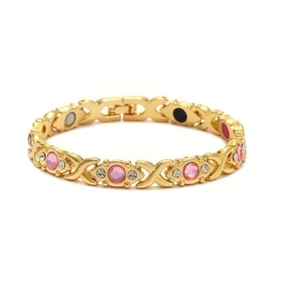 Gold Magnetic Therapy Bracelet With Pink And White Zircon - Picture 1 of 1